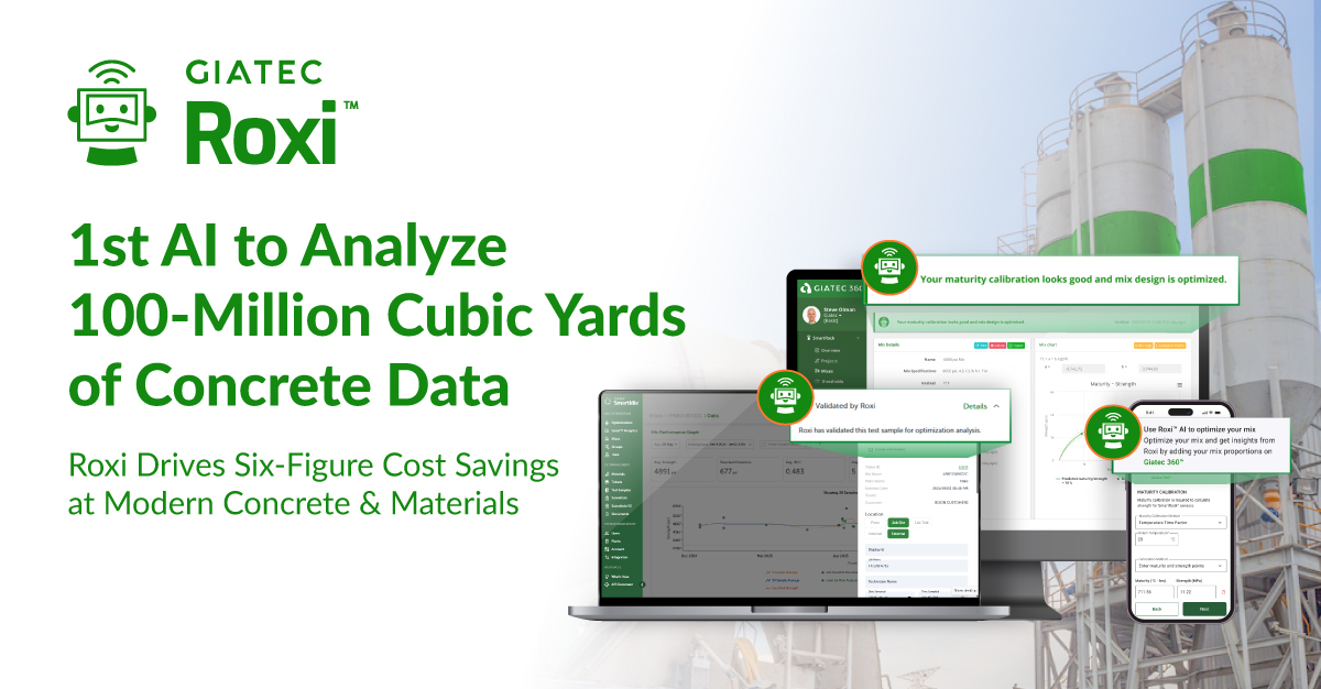Giatec's Roxi Becomes the 1st Concrete AI Program to Analyze 100-Million Cubic Meters of Concrete Data, Driving an Initial Six-Figure Savings for Modern Concrete & Materials