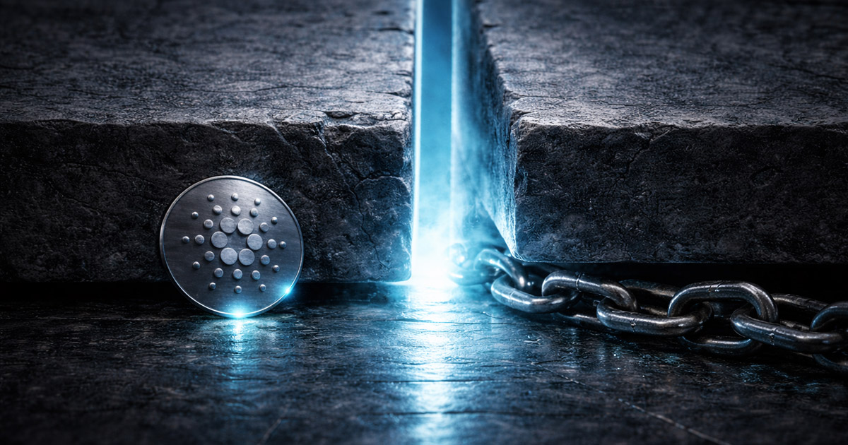 Cardano ADA coin beside a heavy chain split by a glowing crack in stone, symbolizing low-key network upgrades paving the way for institutional adoption backed by on-chain data