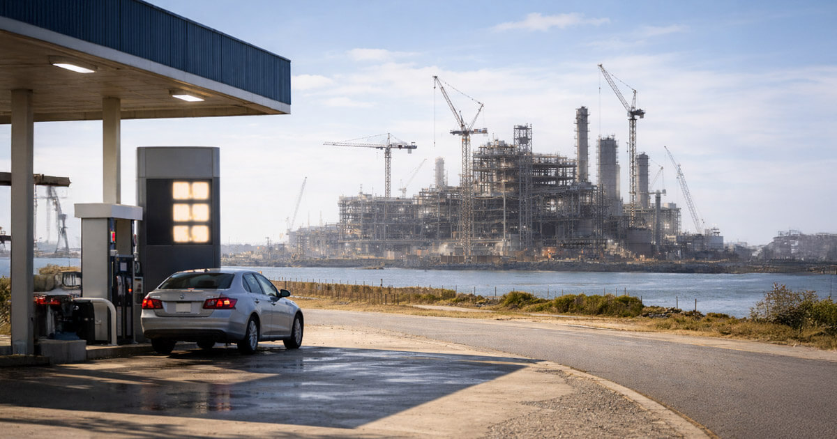 Car fueling at a gas station with a large refinery under construction across the water in Brownsville, highlighting questions over how quickly the project can lower gas prices
