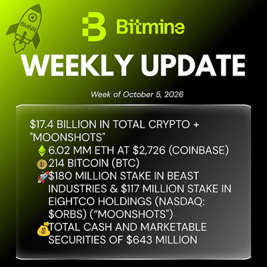 Bitmine Immersion Technologies (BMNR) Announces ETH Holdings Reach 6.02 Million Tokens, and Total Crypto and Total Cash & Marketable Securities Holdings of $17.4 Billion